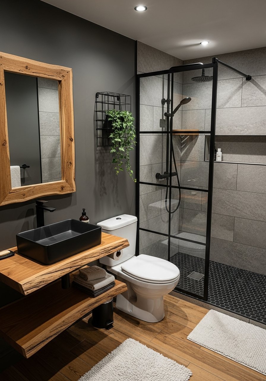 Salle bain industrielle galets bois brut