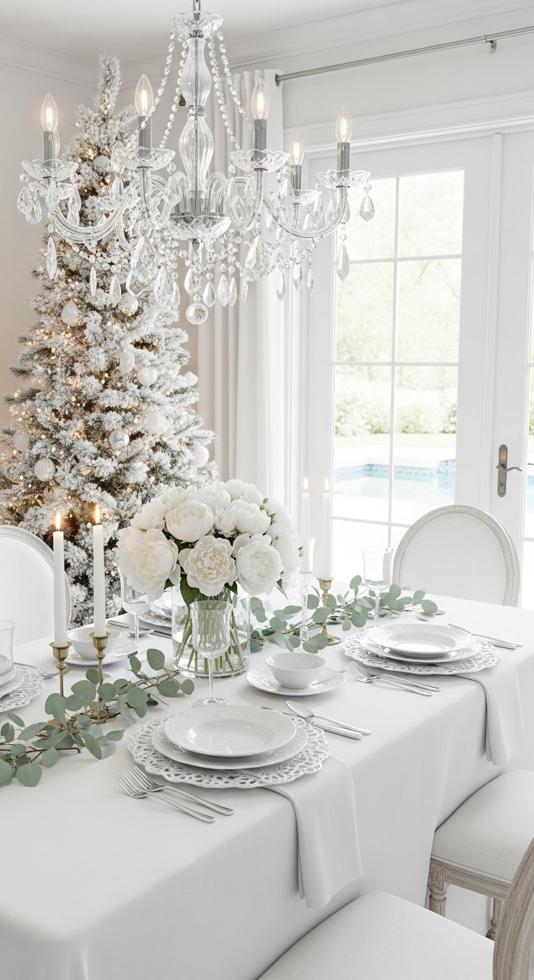Table de Noel blanche immaculee avec lustre en cristal et sapin enneige