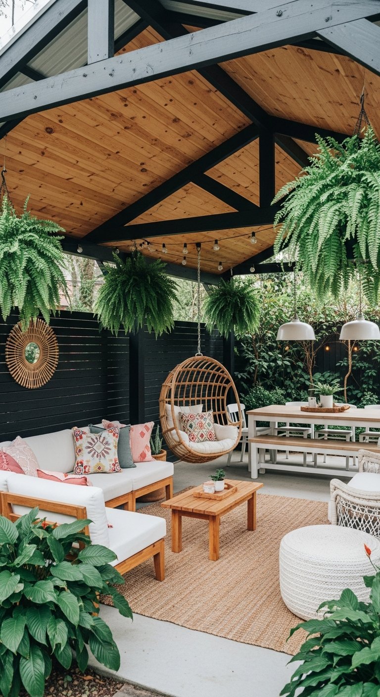 Terrasse bohème couverte avec fauteuil suspendu en rotin et nombreuses fougères