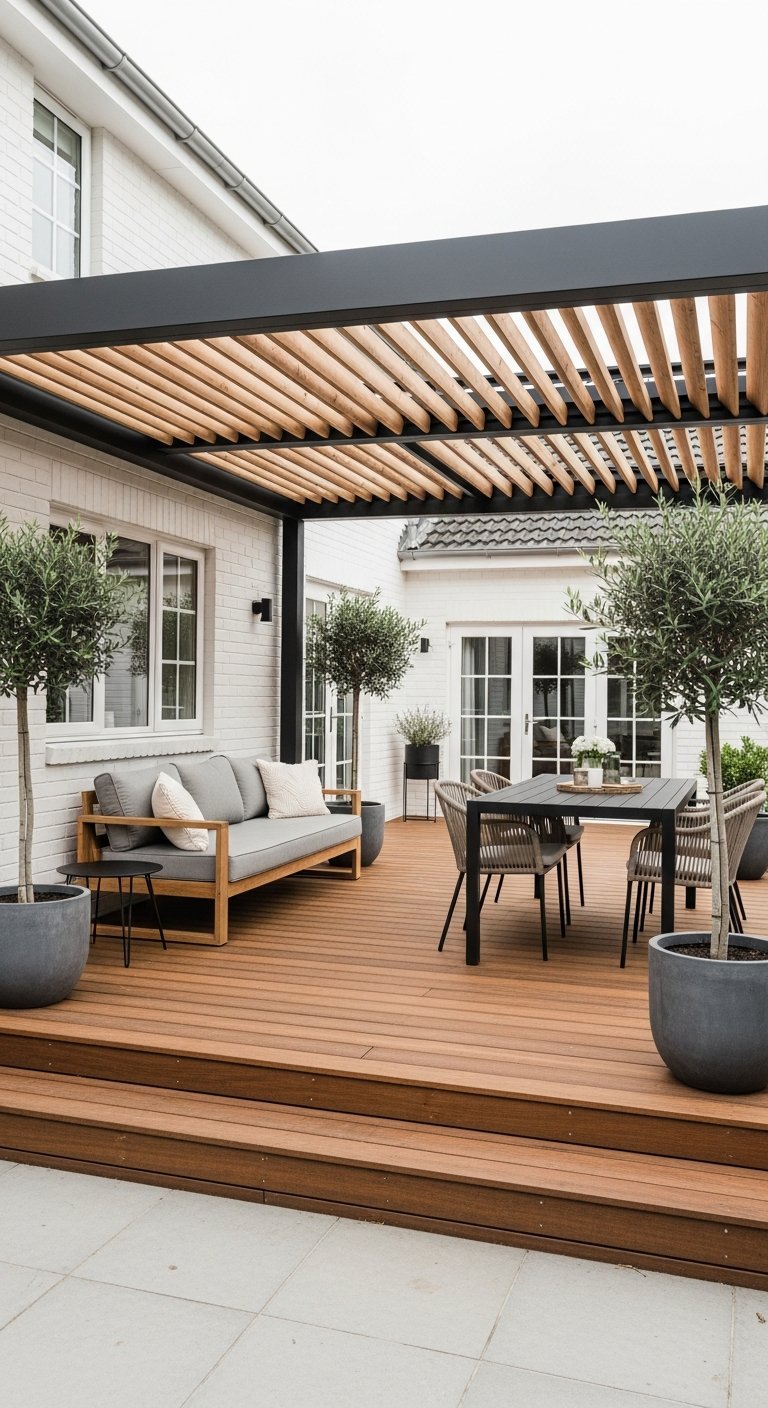 Véranda terrasse bioclimatique avec lames en bois et salon de jardin en teck