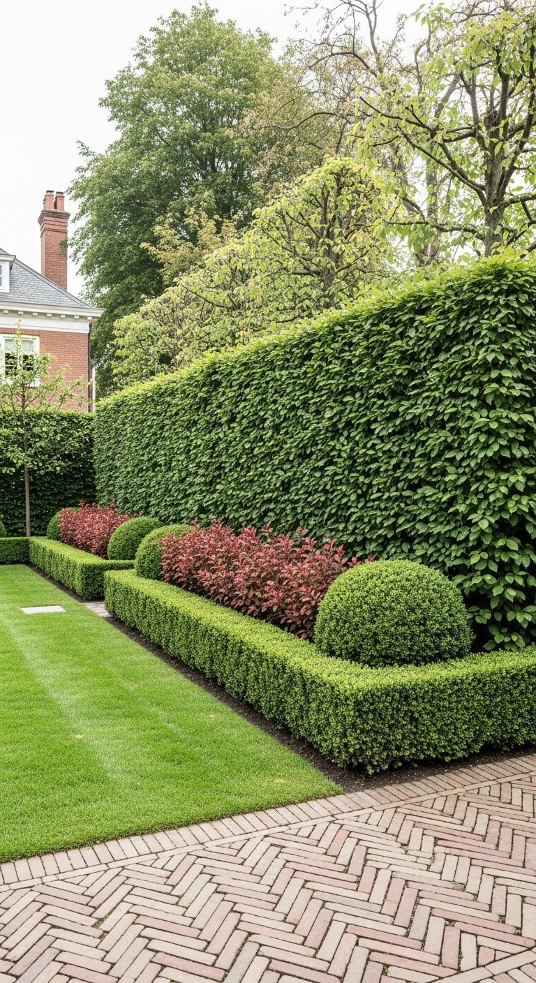 Brise vue vegetal compose d une haie taillee et de buis dans un jardin formel
