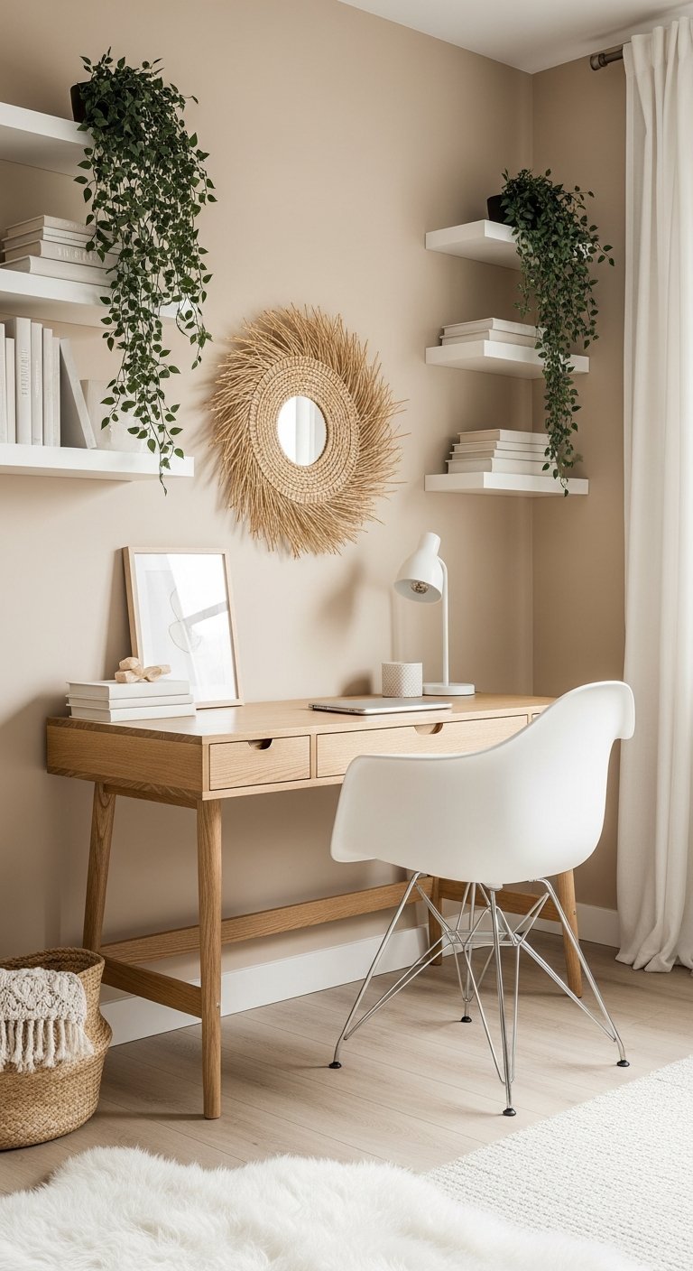 Bureau de travail à la maison bois simple et miroir rond