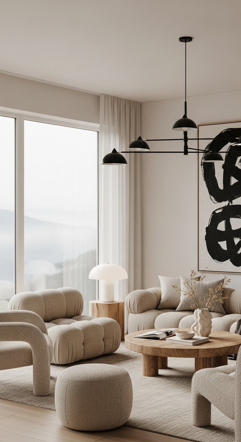 Canapé bas capitonné beige et art moderne noir et blanc