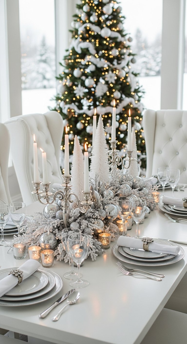 Centre de table de Noel argente et blanc avec chandeliers et sapins floques
