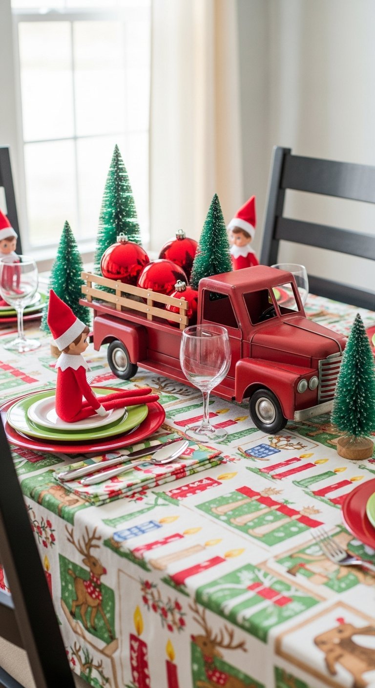 Centre de table noel enfantin avec camion rouge et petits sapins