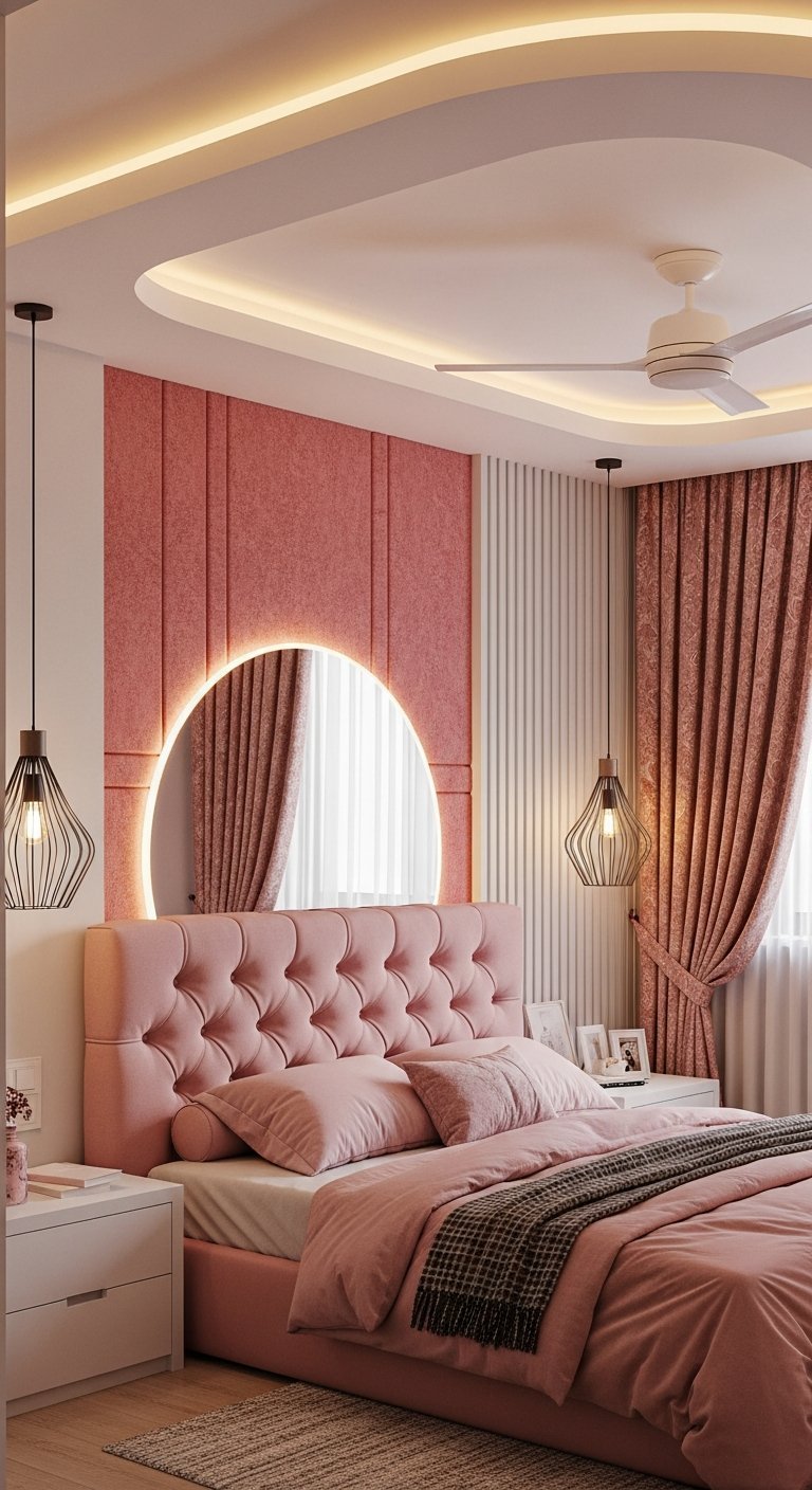 Chambre luxe moderne rose avec tete de lit capitonnee et miroir rond eclaire