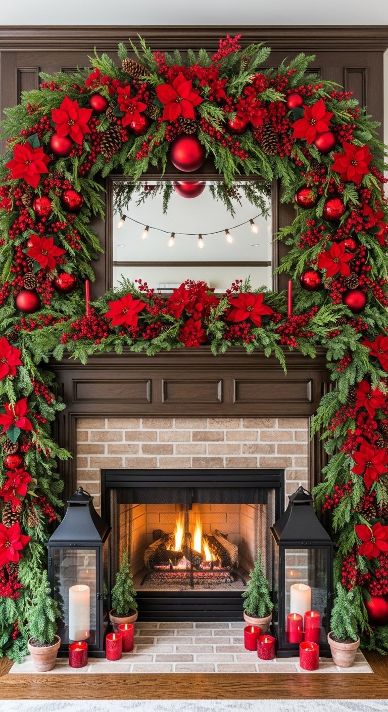 Cheminee en bois fonce avec arche de poinsettias rouges