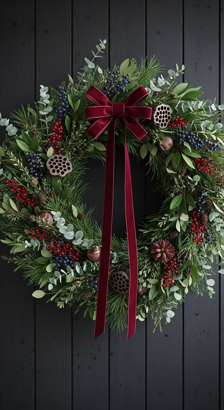 Couronne de Noel moderne avec feuillage varie et un long noeud en velours bordeaux