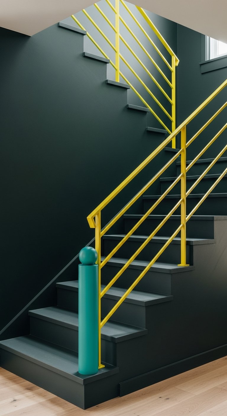 Escalier industriel peint en gris anthracite monochrome avec une rampe jaune vif