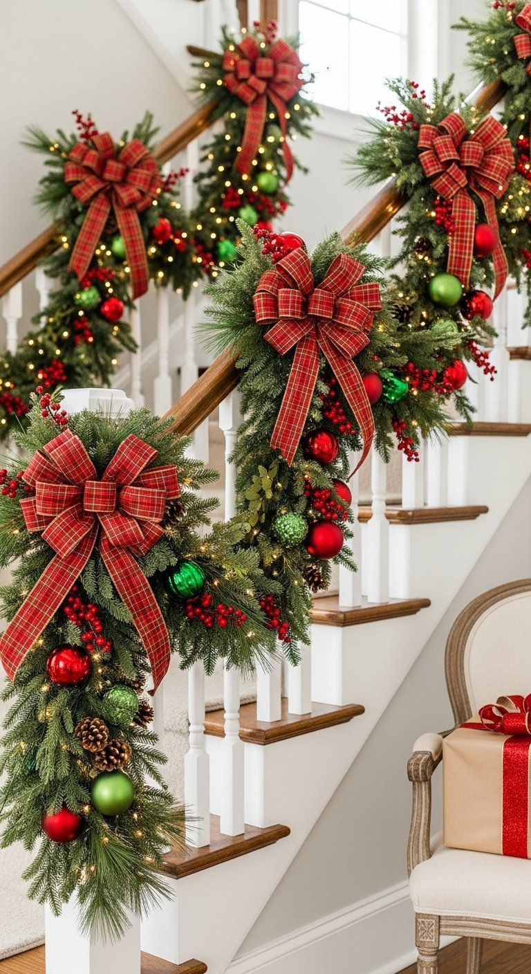 Guirlandes de noël pour escalier avec gros nœuds en tartan rouge