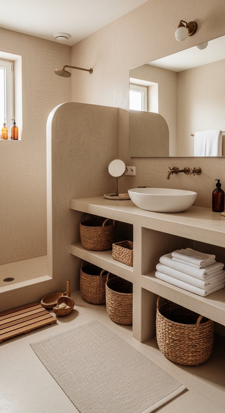 Meuble vasque maconne en beton cire beige avec paniers de rangement