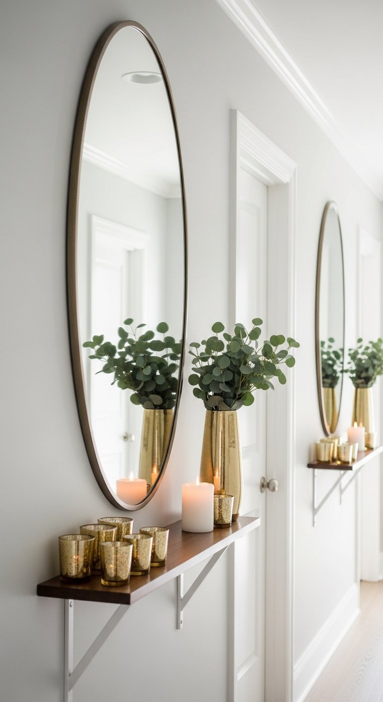 Miroir ovale cadre laiton au dessus d une étagère en bois avec vases dorés