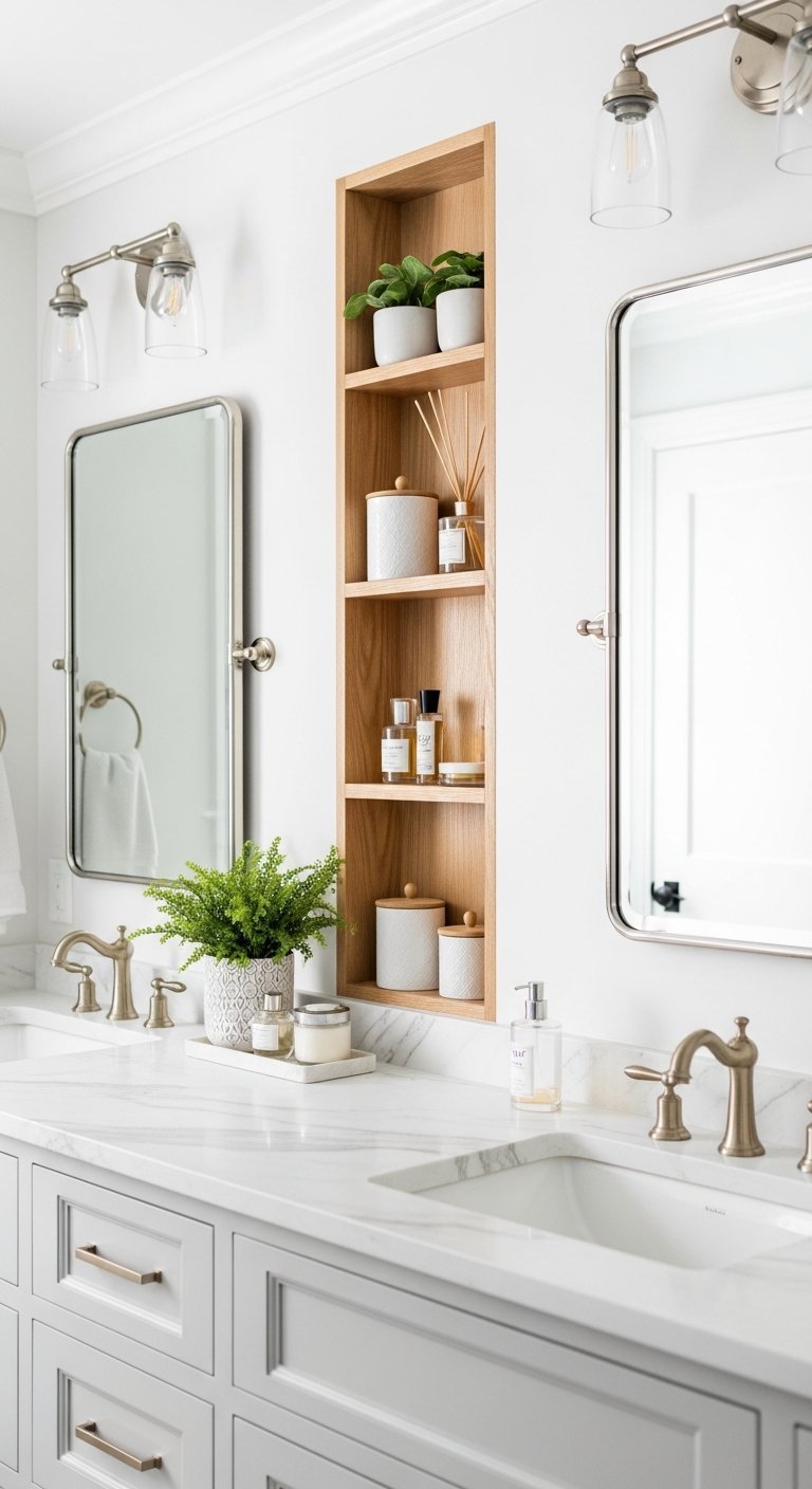 Niche verticale en bois entre deux miroirs au dessus meuble vasque