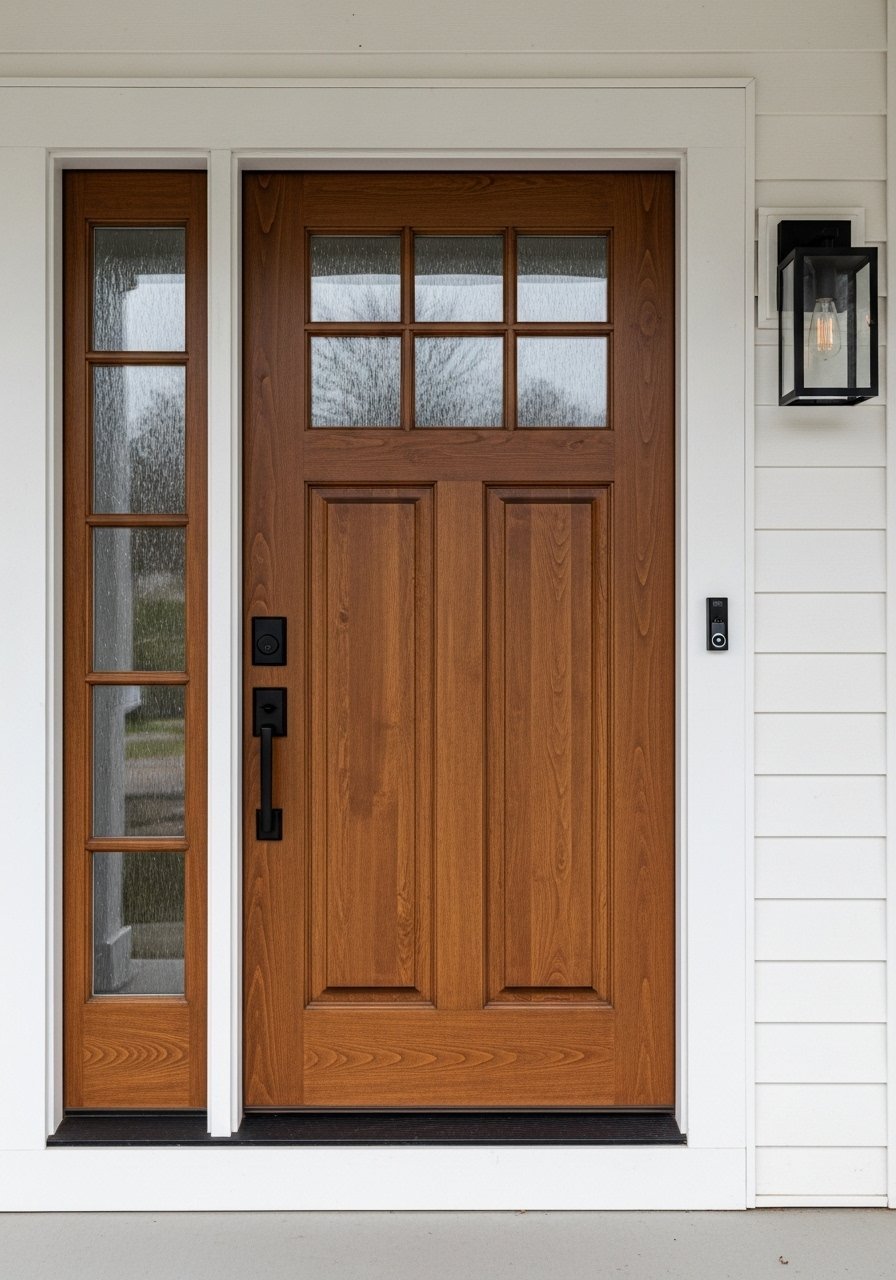 Porte bois rustique fenetre carreaux(