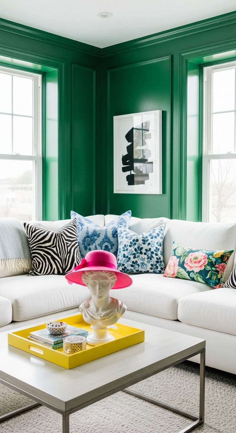 Salon avec murs vert emeraude vif canape d angle blanc et coussins colores