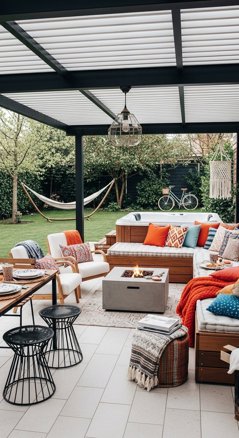 Véranda terrasse bohème avec coussins colorés et brasero