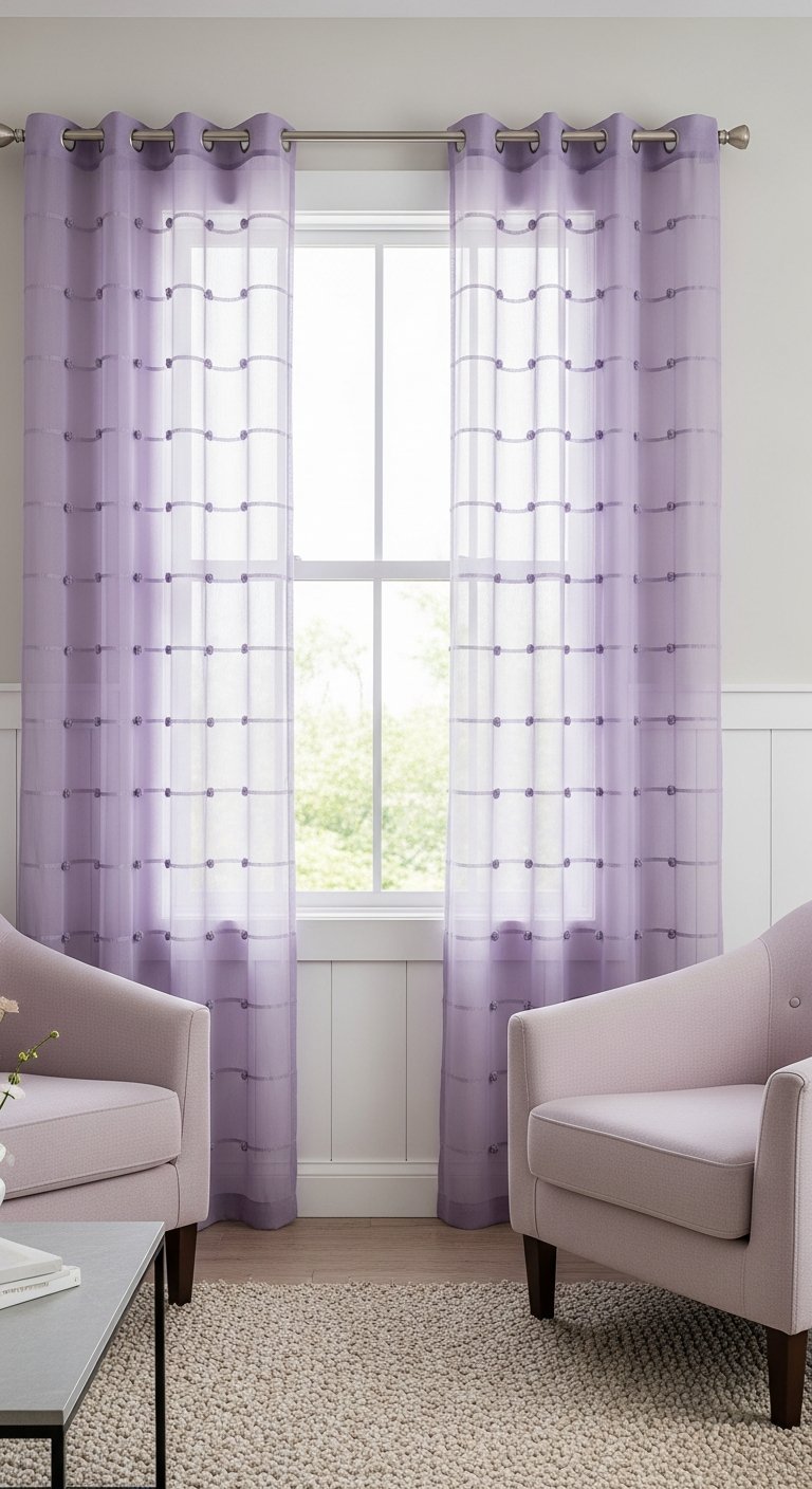 Voilages de salon couleur lilas avec motifs carres