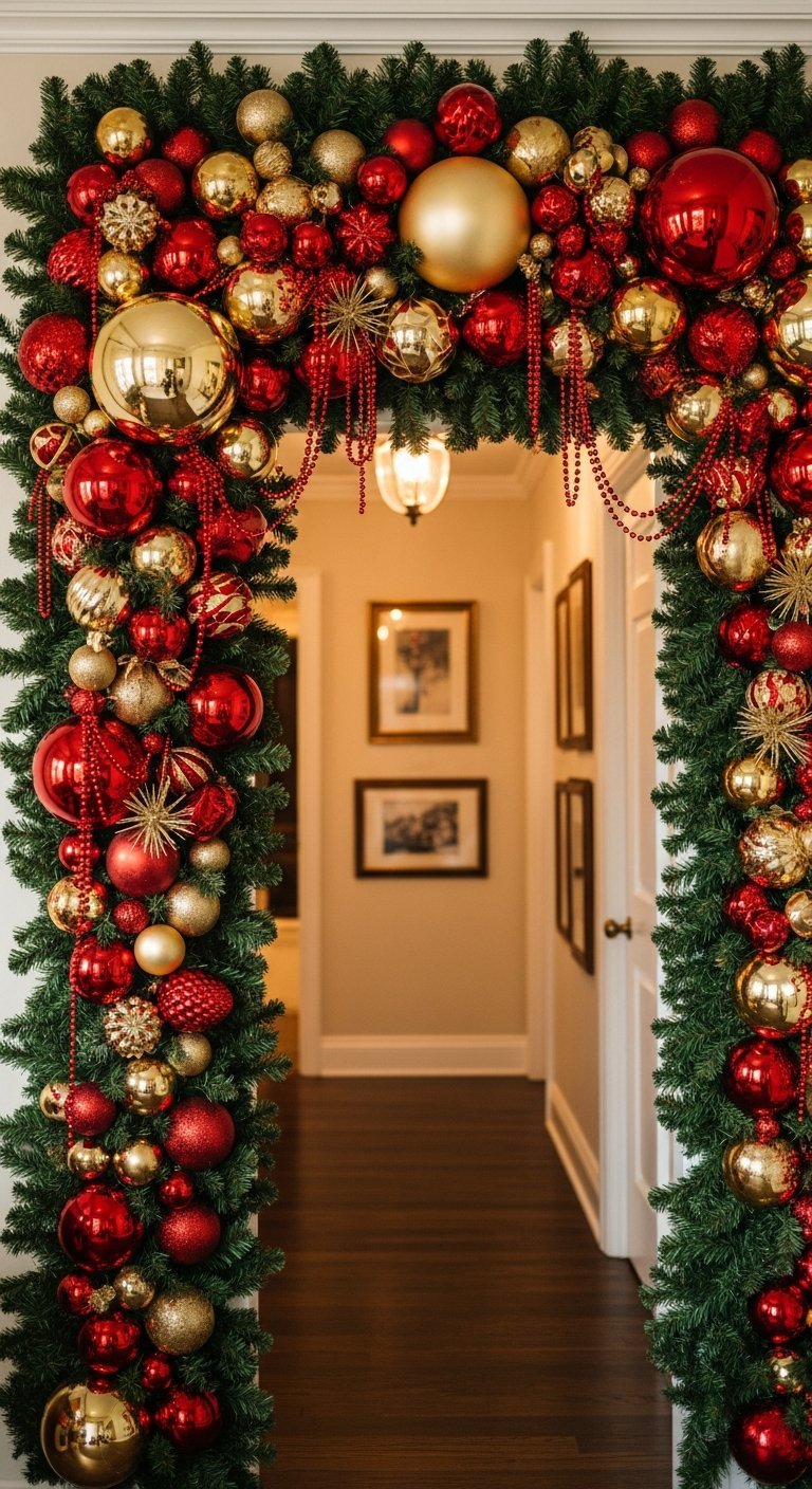 Arche de porte décorée de guirlandes de Noel rouges et dorées