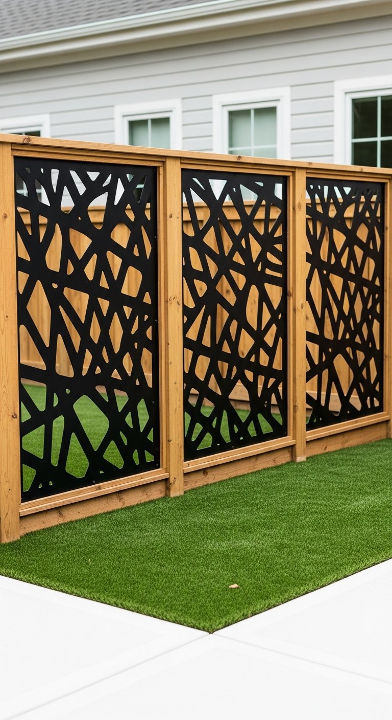 Brise vue design avec cadre en bois et panneaux en metal noir a motifs abstraits