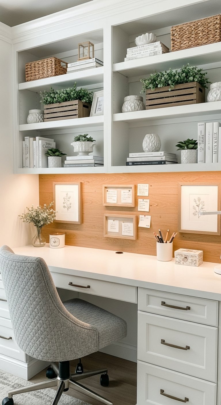 Bureau de travail à la maison blanc avec fond bois et étagères