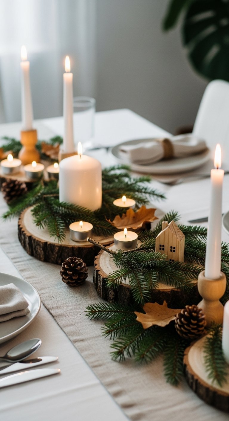 Chemin de table noel naturel compose de rondins de bois et bougies