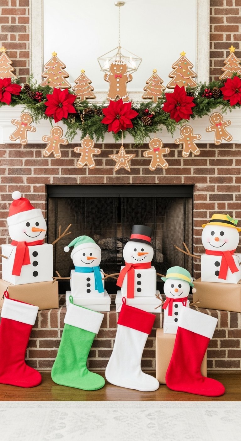 Cheminée décorée de bonshommes de neige DIY et guirlande de pains épice
