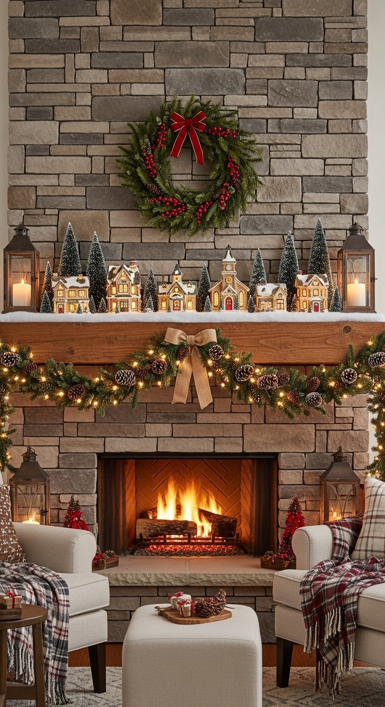 Cheminee en pierre avec village de Noel illumine et couronne
