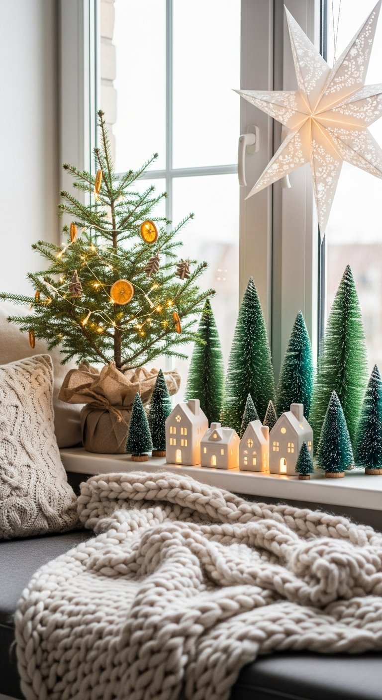 Coin fenêtre douillet avec plaid mini sapin et village lumineux