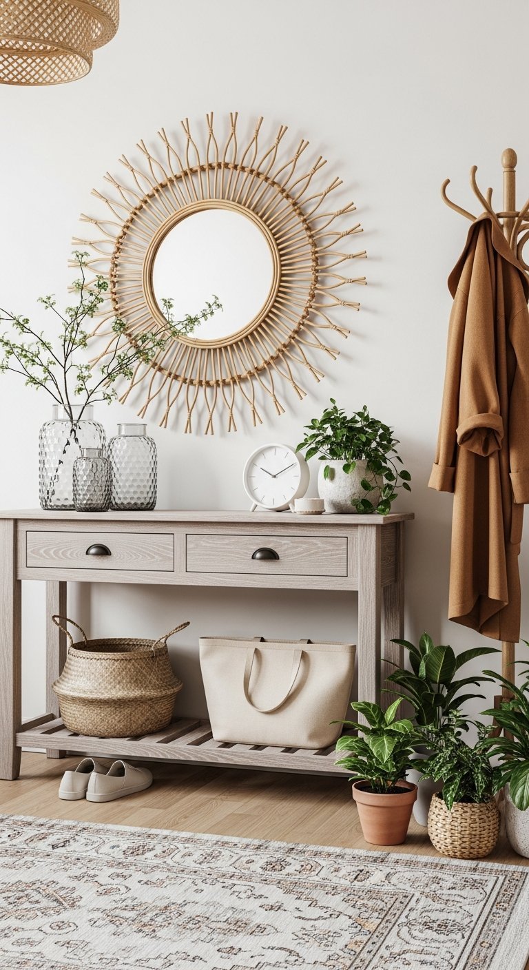Console en bois clair avec miroir soleil en rotin et plantes
