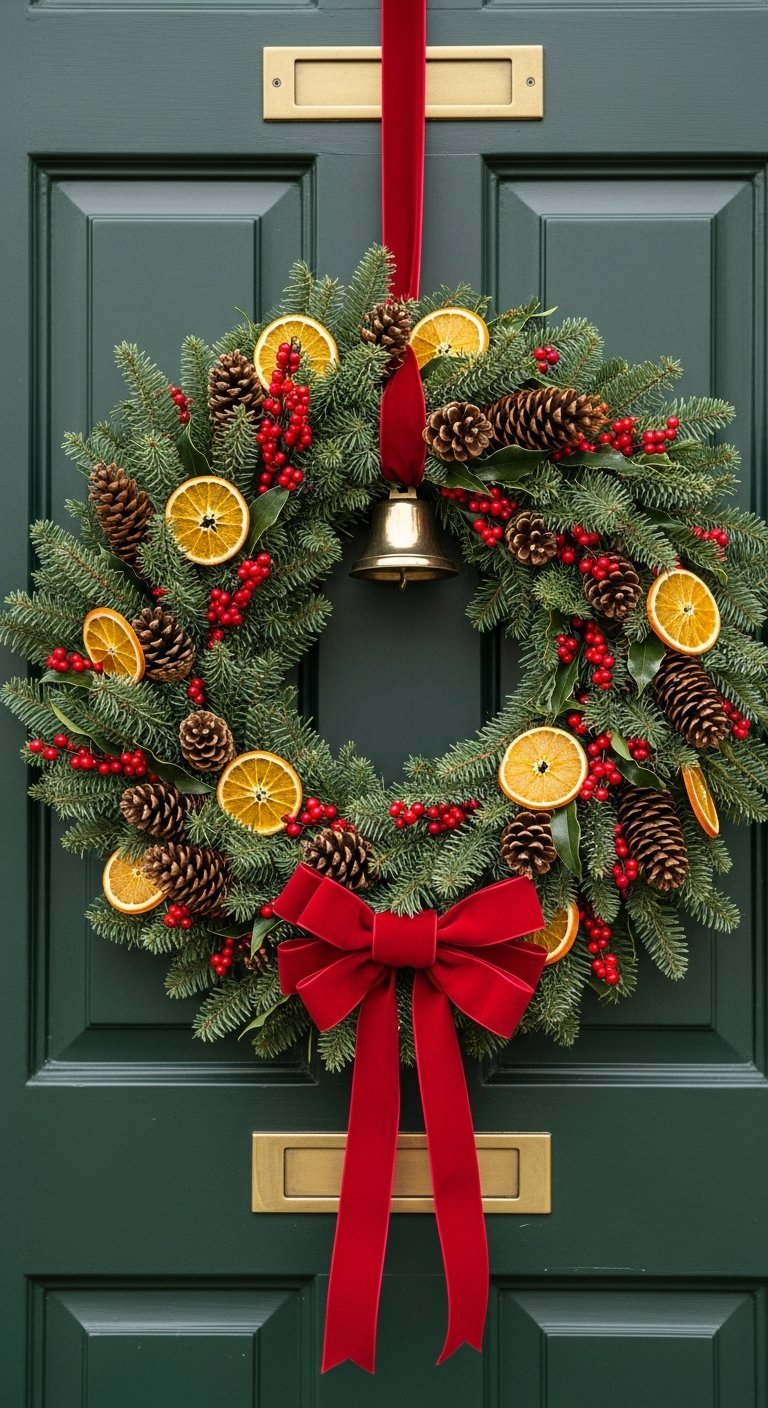 Couronne de Noel moderne sur porte verte avec oranges sechees pommes de pin et noeud rouge