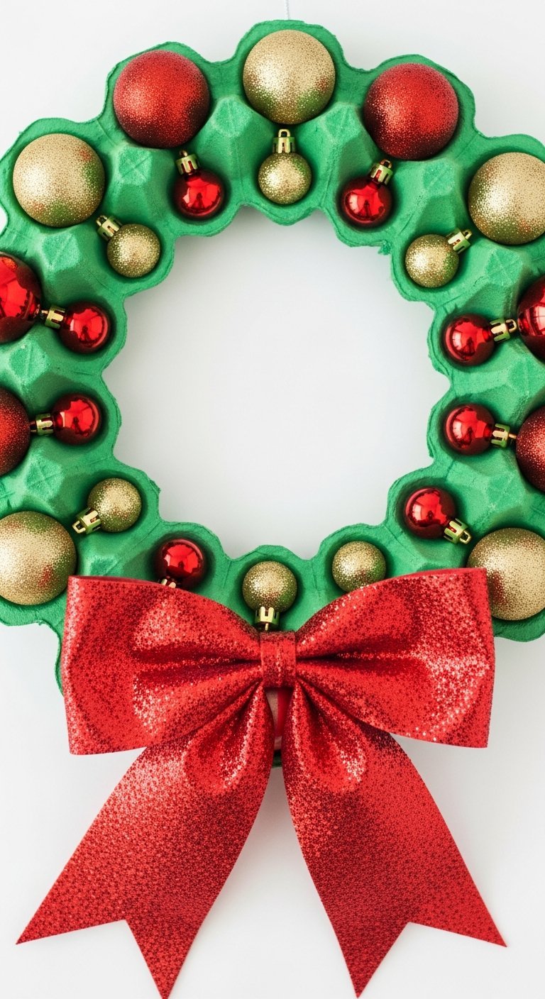 Couronne de noel bricolage facile faite avec une boite a oeufs peinte en vert