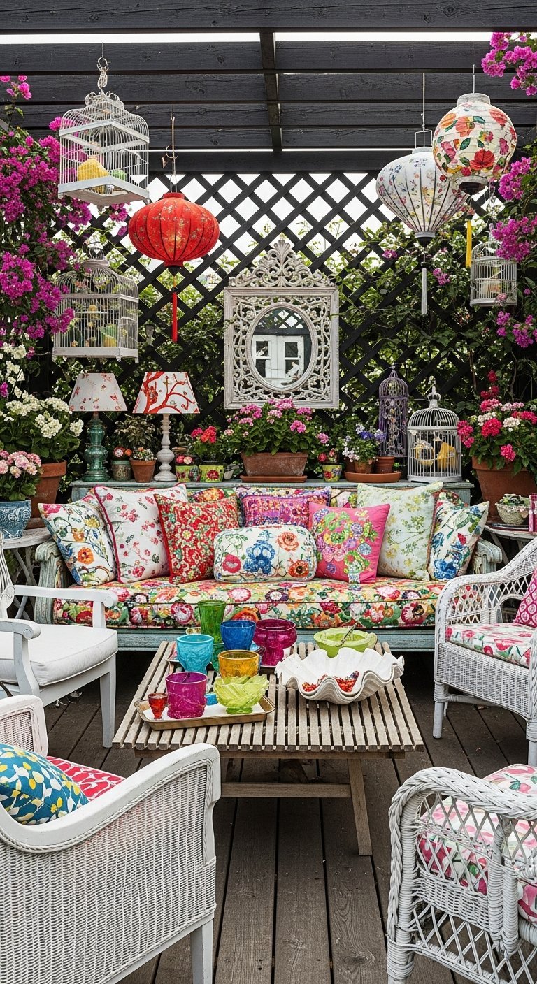 Décoration de terrasse éclectique avec canapé fleuri et cages à oiseaux décoratives