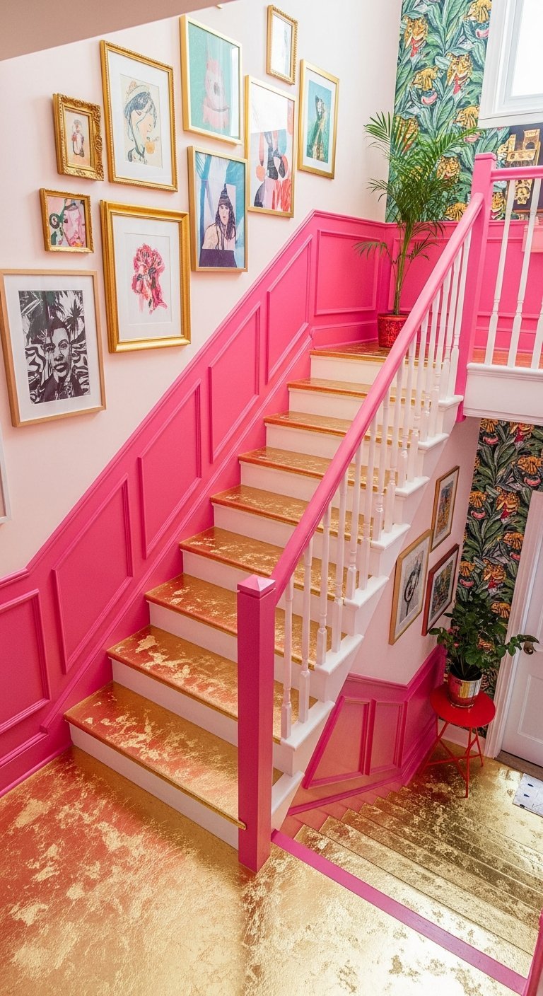 Escalier maximaliste avec marches dorées et murs roses décorés de cadres artistiques