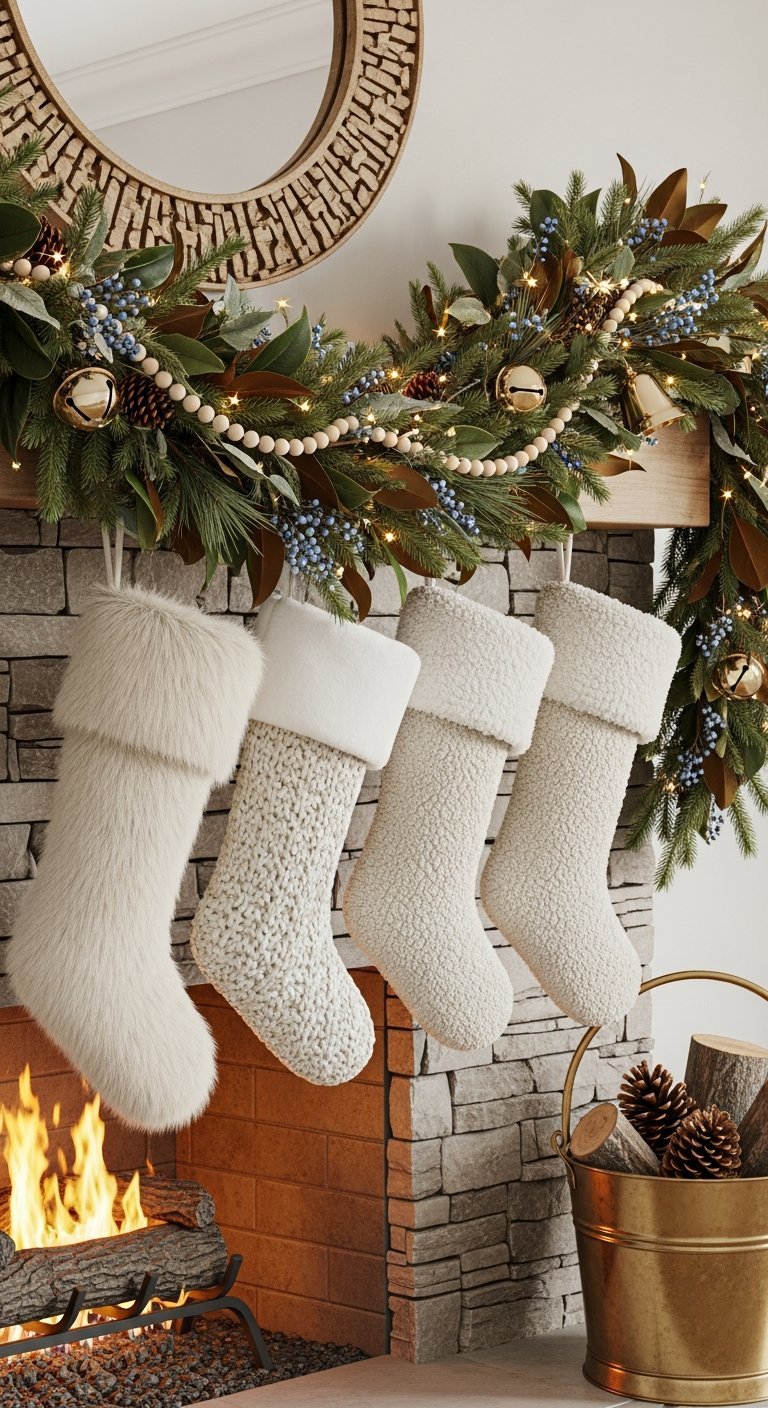 Gros plan sur quatre chaussettes de Noël blanches de différentes textures suspendues à une cheminée en pierre