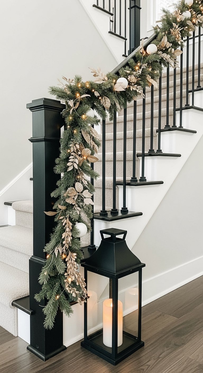 Guirlande de noël sur rampe noire avec boules or et blanc