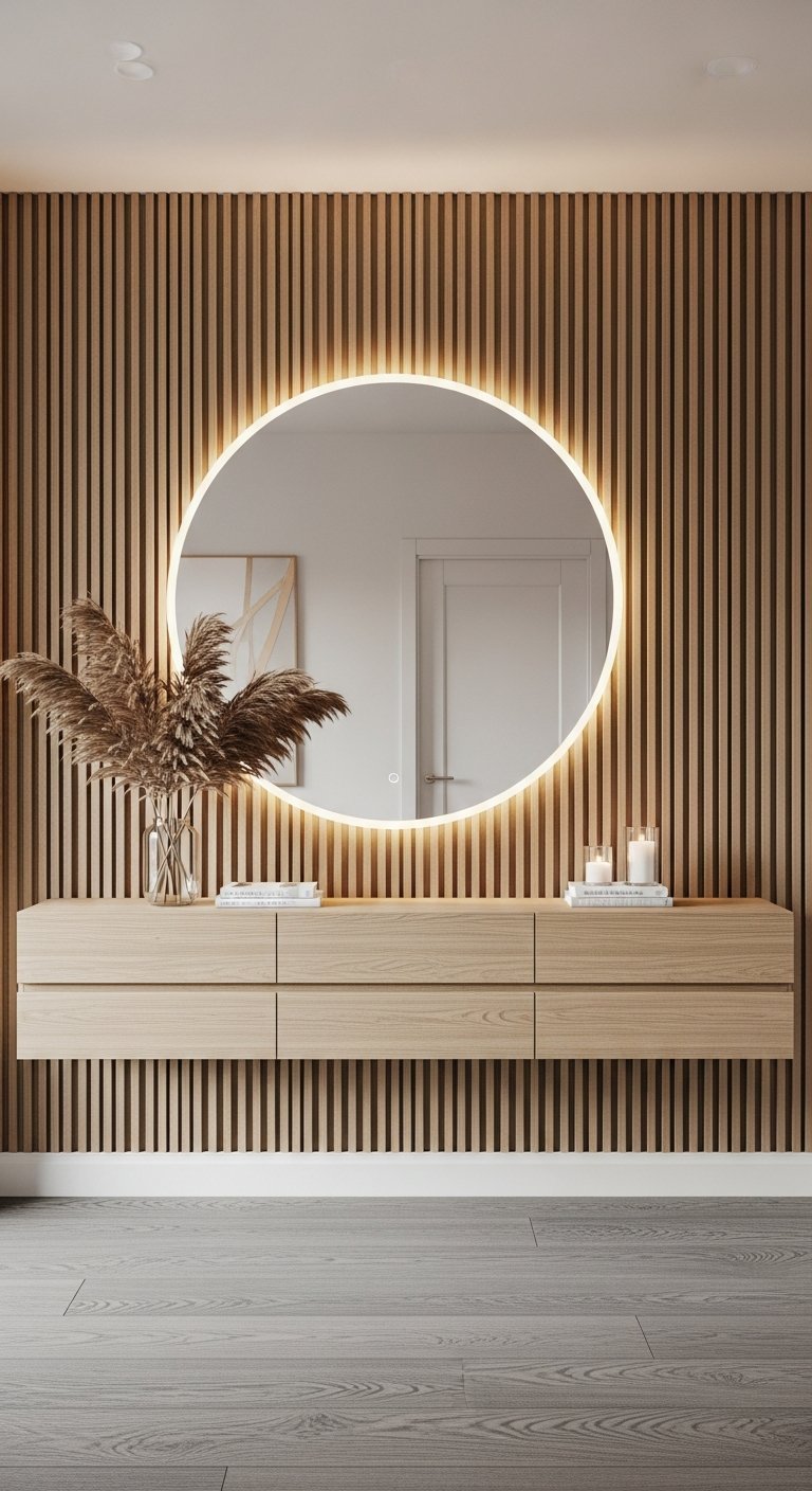 Miroir rond lumineux sur mur de tasseaux en bois au dessus d une console flottante