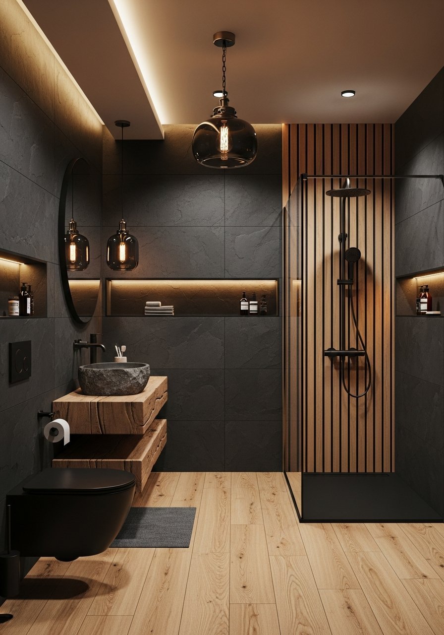 Miroirs suspendus devant mur noir mat