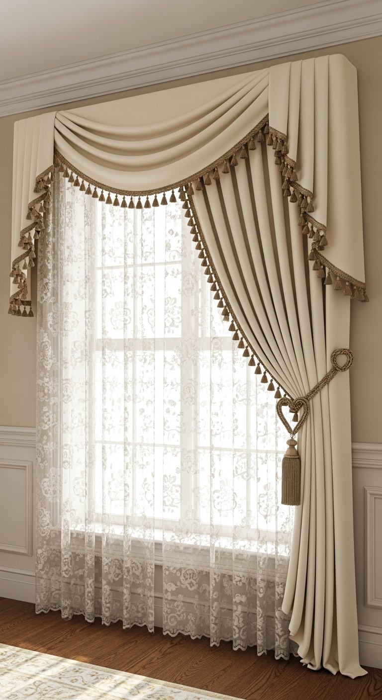 Rideaux de salon beiges classiques avec cantonniere et passementerie