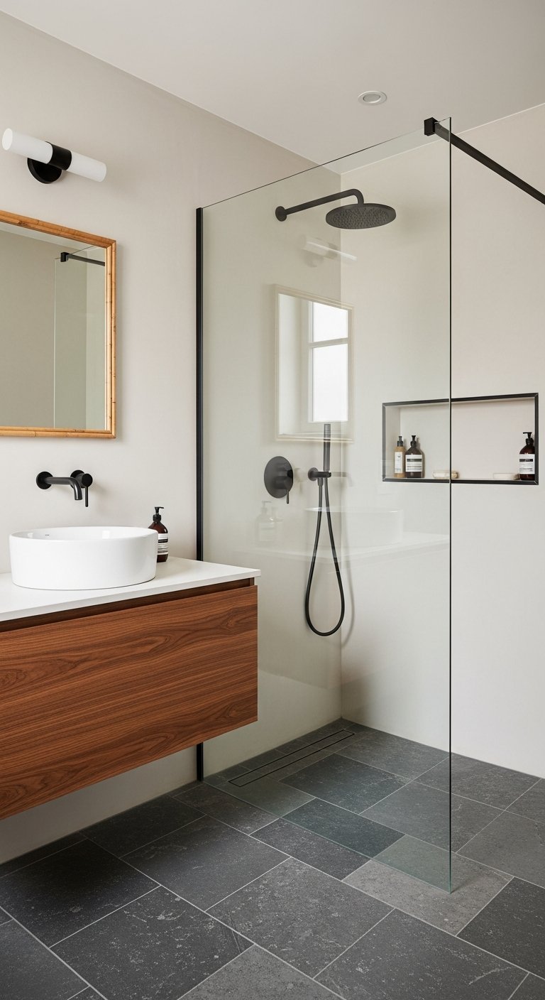 Salle de bain avec murs beton cire clair et meuble en bois fonce