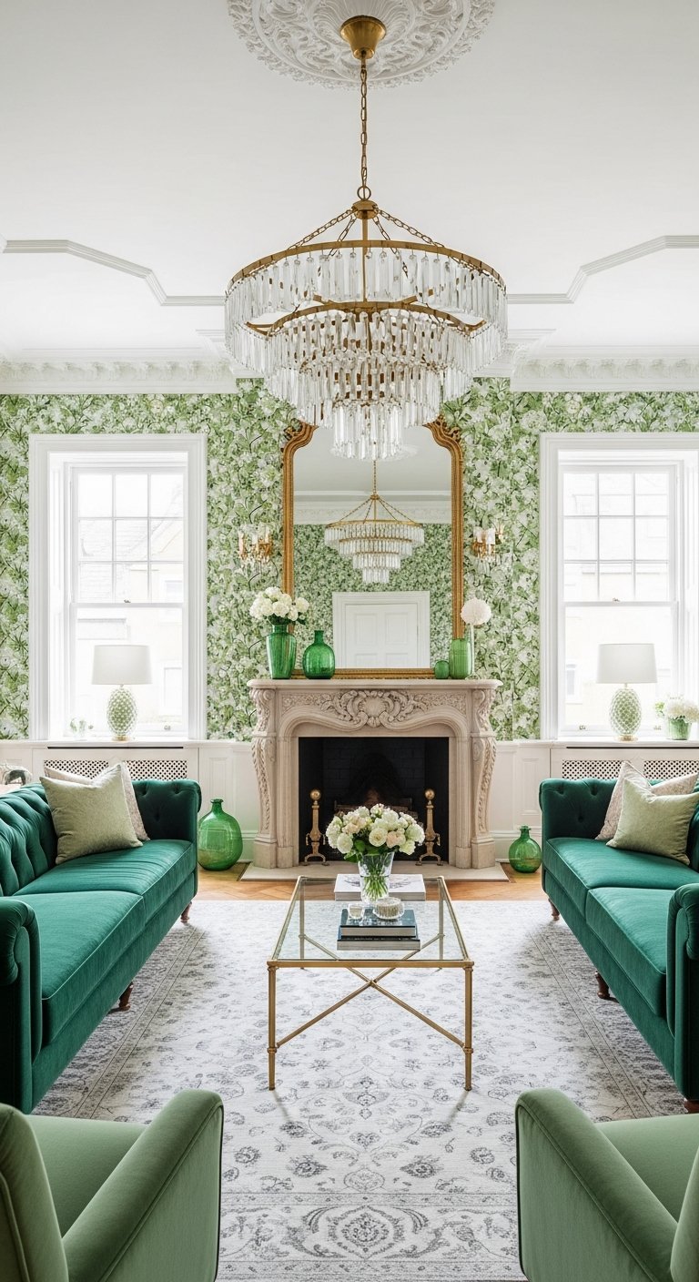 Salon parisien avec papier peint floral vert et deux canapes en velours emeraude