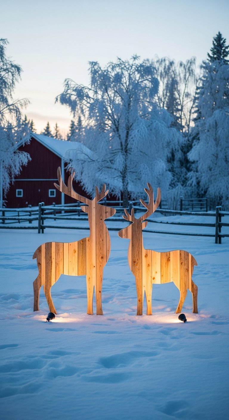 Silhouettes de rennes en bois dans la neige