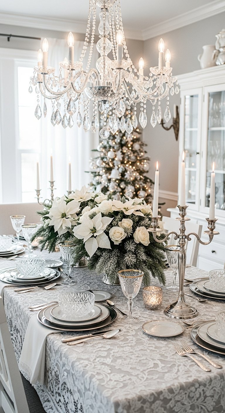 Table de Noel blanche et argentee avec nappe en dentelle et poinsettias