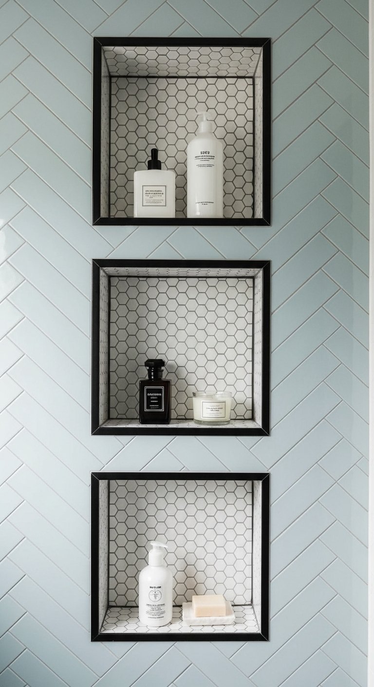 Trois niches de douche carrees cadres noirs sur carrelage metro bleu clair