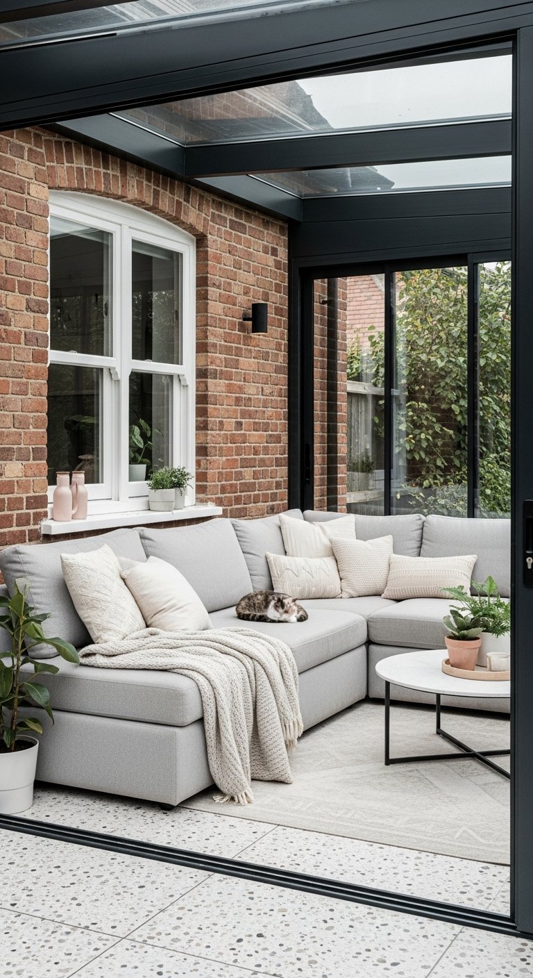 Véranda confortable avec canapé d angle gris et mur en briques