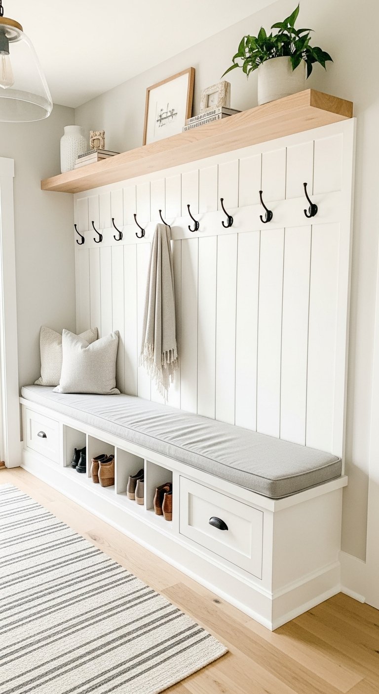 Banc blanc integre avec etagere en bois flottante et patères