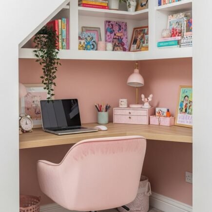 Bureau de travail à la maison rose sous escalier optimisé