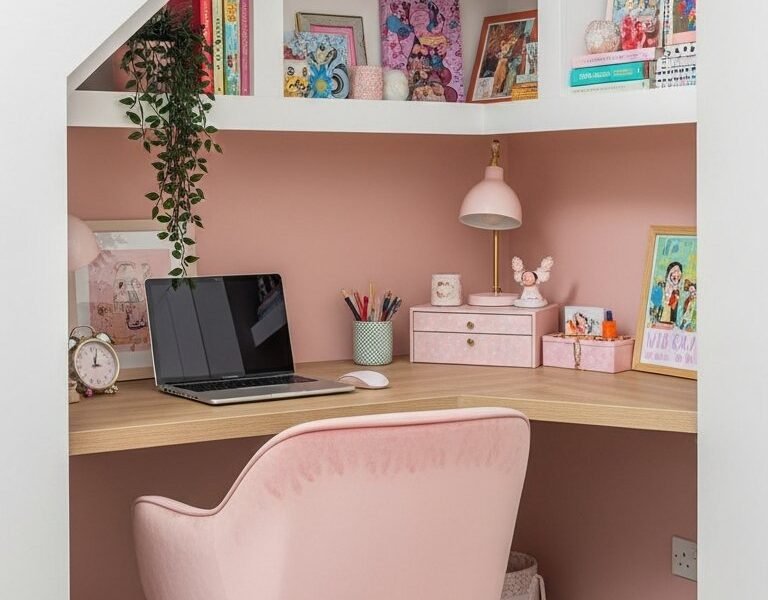 Bureau de travail à la maison rose sous escalier optimisé