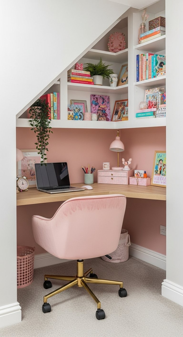 Bureau de travail à la maison rose sous escalier optimisé