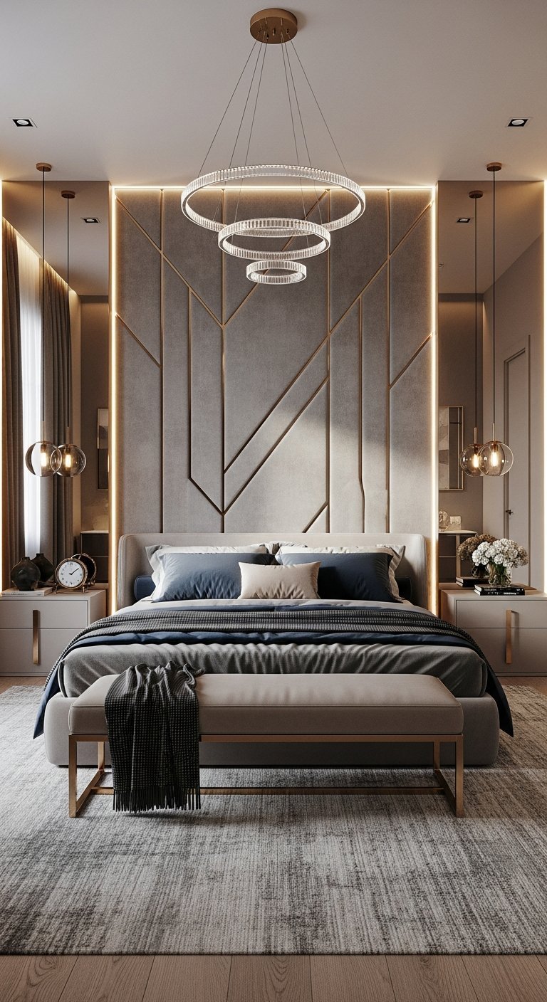 Chambre a coucher luxe grise avec mur geometrique et lustre design a anneaux