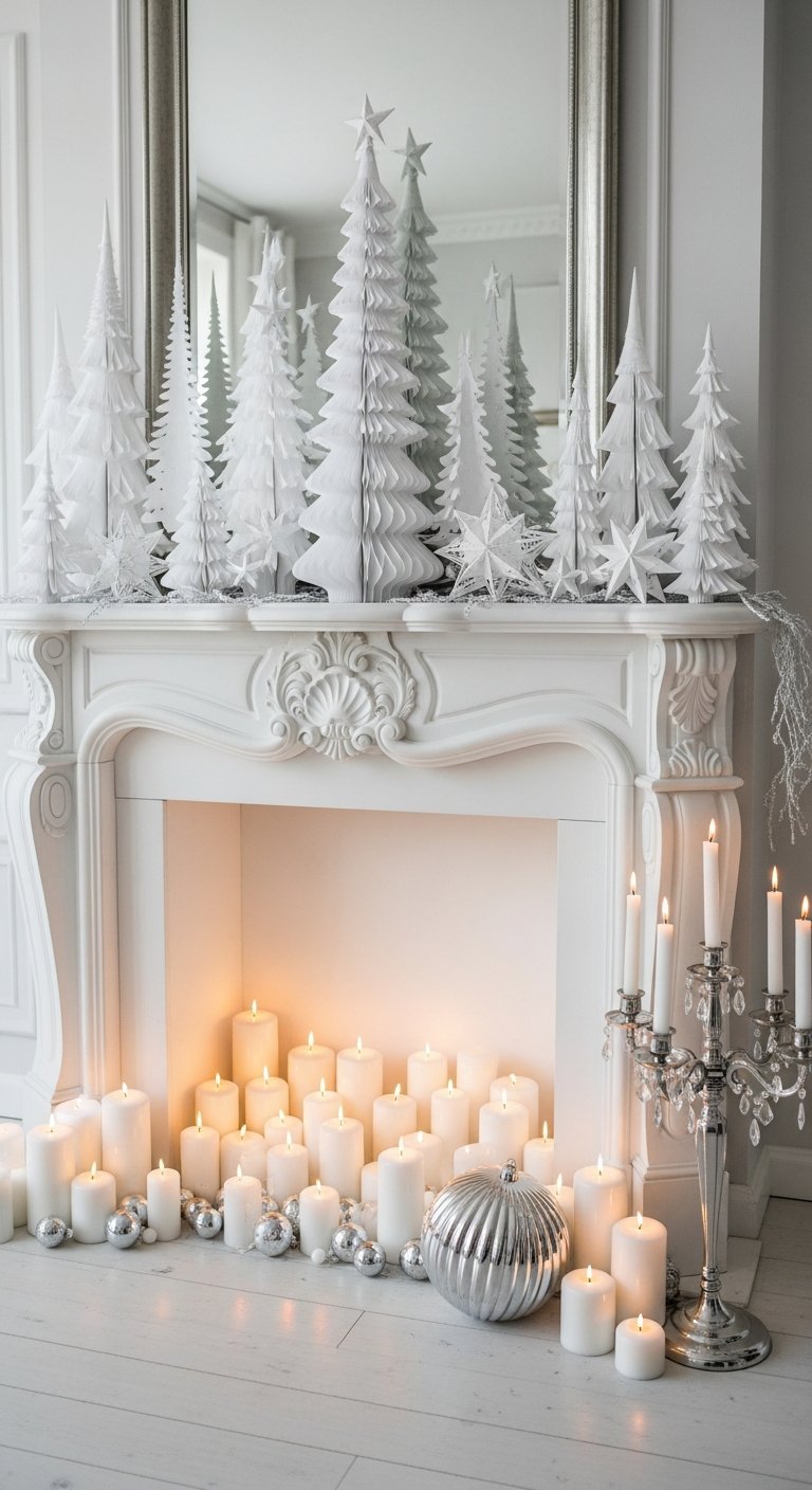 Cheminee blanche avec sapins en papier blanc et nombreuses bougies dans l atre